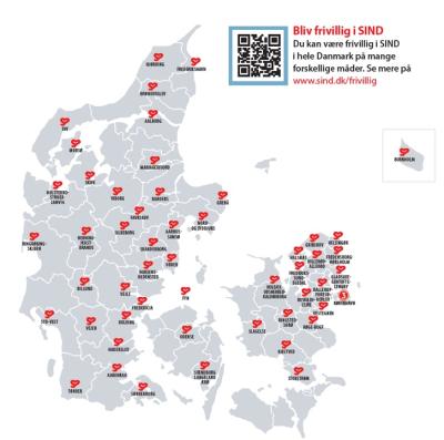 Kort over Danmark med alle SINDs lokalafdelinger